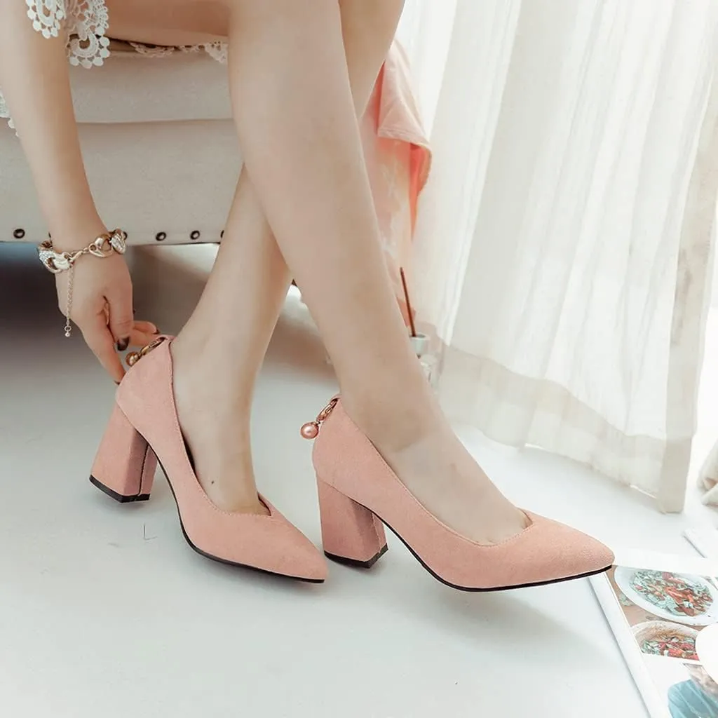 MIOKE Women's Fashion Pointed Toe Chunky Block Mid Heel Pumps Suede Slip-On Comfort Work Office Dress Shoes