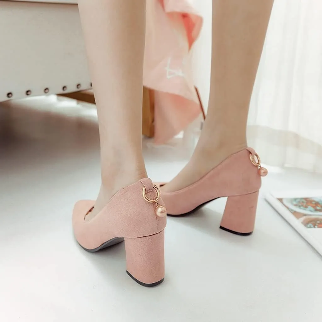 MIOKE Women's Fashion Pointed Toe Chunky Block Mid Heel Pumps Suede Slip-On Comfort Work Office Dress Shoes