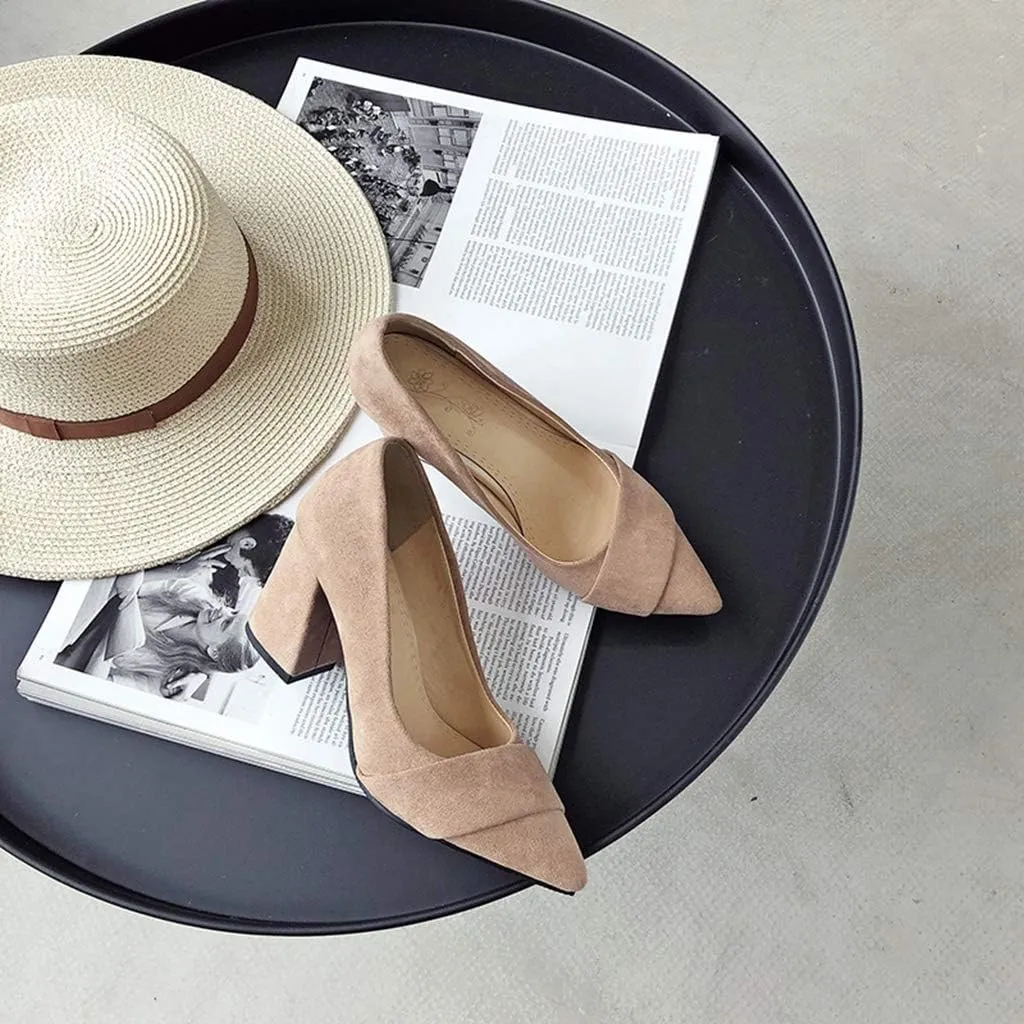MIOKE Women's Fashion Pointed Toe Chunky High Block Heel Pumps Comfort Slip On Work Office Dress Shoes