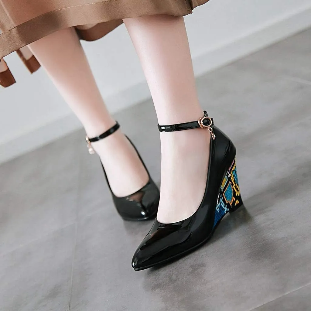 MIOKE Women's Fashion Wedge High Heel Pumps Pointed Toe Ankle Strap Comfy Chunky Dress Party Wedding Shoes