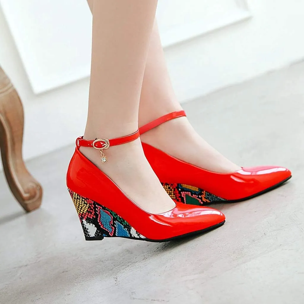 MIOKE Women's Fashion Wedge High Heel Pumps Pointed Toe Ankle Strap Comfy Chunky Dress Party Wedding Shoes