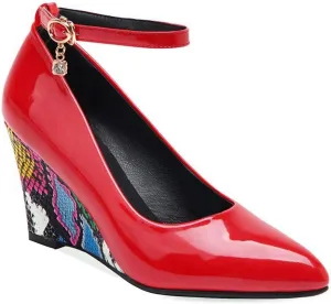 MIOKE Women's Fashion Wedge High Heel Pumps Pointed Toe Ankle Strap Comfy Chunky Dress Party Wedding Shoes
