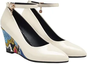 MIOKE Women's Fashion Wedge High Heel Pumps Pointed Toe Ankle Strap Comfy Chunky Dress Party Wedding Shoes