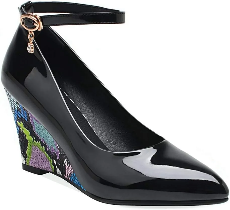 MIOKE Women's Fashion Wedge High Heel Pumps Pointed Toe Ankle Strap Comfy Chunky Dress Party Wedding Shoes