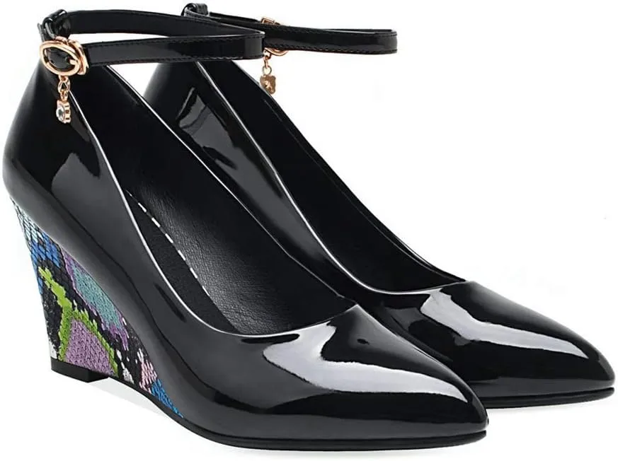 MIOKE Women's Fashion Wedge High Heel Pumps Pointed Toe Ankle Strap Comfy Chunky Dress Party Wedding Shoes