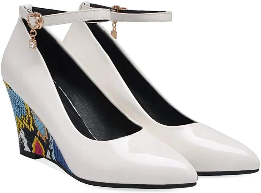 MIOKE Women's Fashion Wedge High Heel Pumps Pointed Toe Ankle Strap Comfy Chunky Dress Party Wedding Shoes