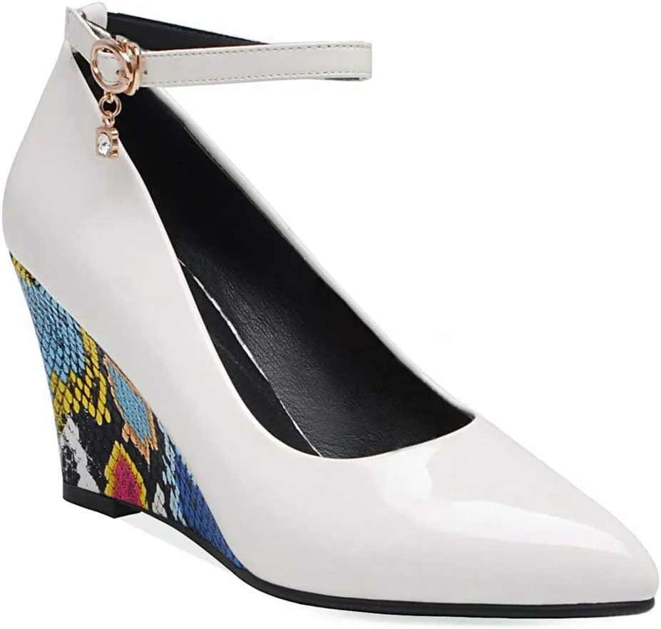 MIOKE Women's Fashion Wedge High Heel Pumps Pointed Toe Ankle Strap Comfy Chunky Dress Party Wedding Shoes