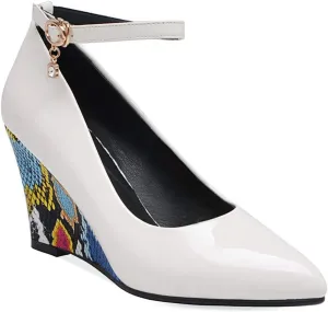 MIOKE Women's Fashion Wedge High Heel Pumps Pointed Toe Ankle Strap Comfy Chunky Dress Party Wedding Shoes