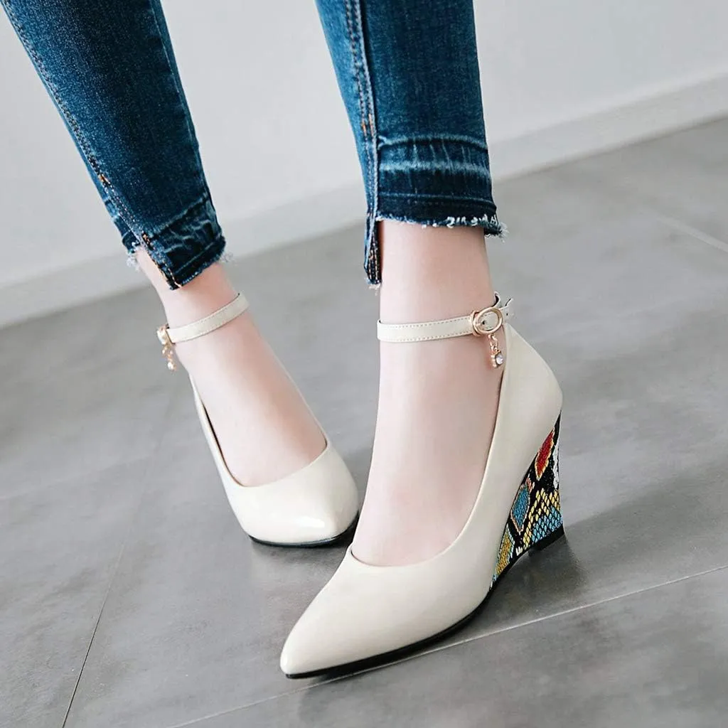 MIOKE Women's Fashion Wedge High Heel Pumps Pointed Toe Ankle Strap Comfy Chunky Dress Party Wedding Shoes