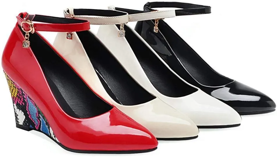 MIOKE Women's Fashion Wedge High Heel Pumps Pointed Toe Ankle Strap Comfy Chunky Dress Party Wedding Shoes
