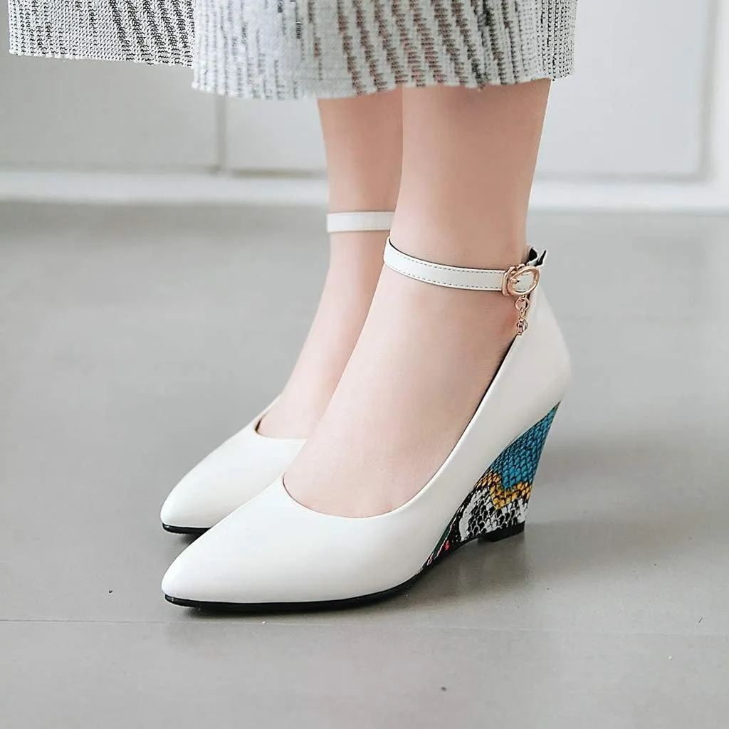 MIOKE Women's Fashion Wedge High Heel Pumps Pointed Toe Ankle Strap Comfy Chunky Dress Party Wedding Shoes