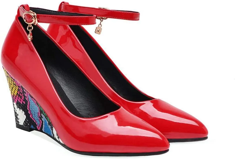 MIOKE Women's Fashion Wedge High Heel Pumps Pointed Toe Ankle Strap Comfy Chunky Dress Party Wedding Shoes