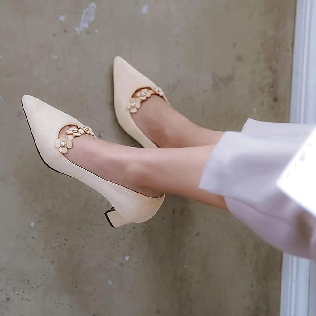 MIOKE Women's Pointed Toe Chunky Block Mid Heel Pumps Fashion Flowers Slip On Comfort Office Dress Shoes