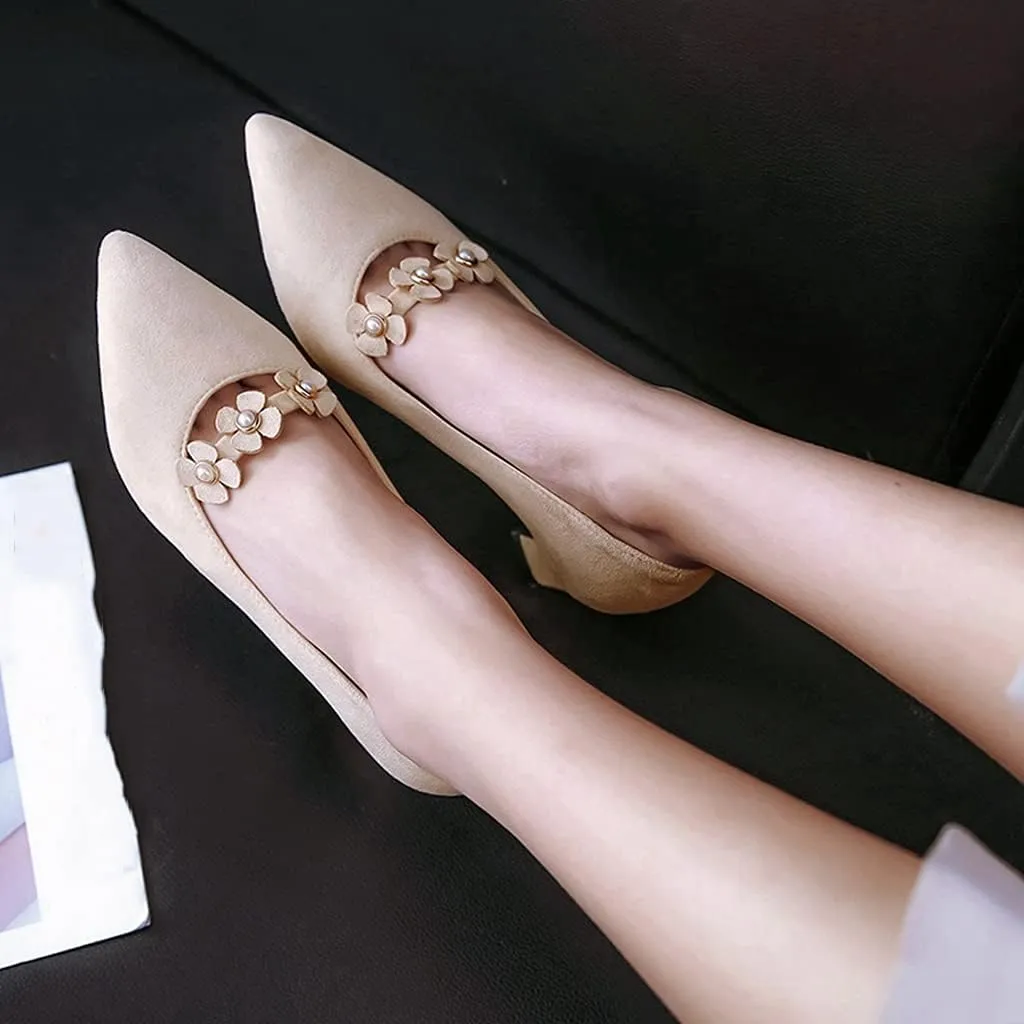 MIOKE Women's Pointed Toe Chunky Block Mid Heel Pumps Fashion Flowers Slip On Comfort Office Dress Shoes