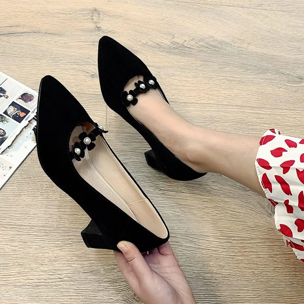 MIOKE Women's Pointed Toe Chunky Block Mid Heel Pumps Fashion Flowers Slip On Comfort Office Dress Shoes