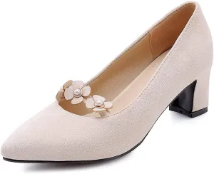 MIOKE Women's Pointed Toe Chunky Block Mid Heel Pumps Fashion Flowers Slip On Comfort Office Dress Shoes
