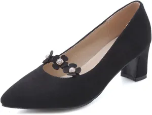 MIOKE Women's Pointed Toe Chunky Block Mid Heel Pumps Fashion Flowers Slip On Comfort Office Dress Shoes