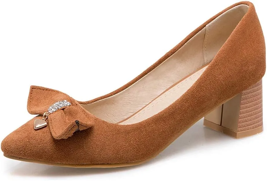 MIOKE Women's Pointed Toe Chunky Block Mid Heel Pumps Suede Bowknot Slip-On Loafer Casual Office Dress Shoes
