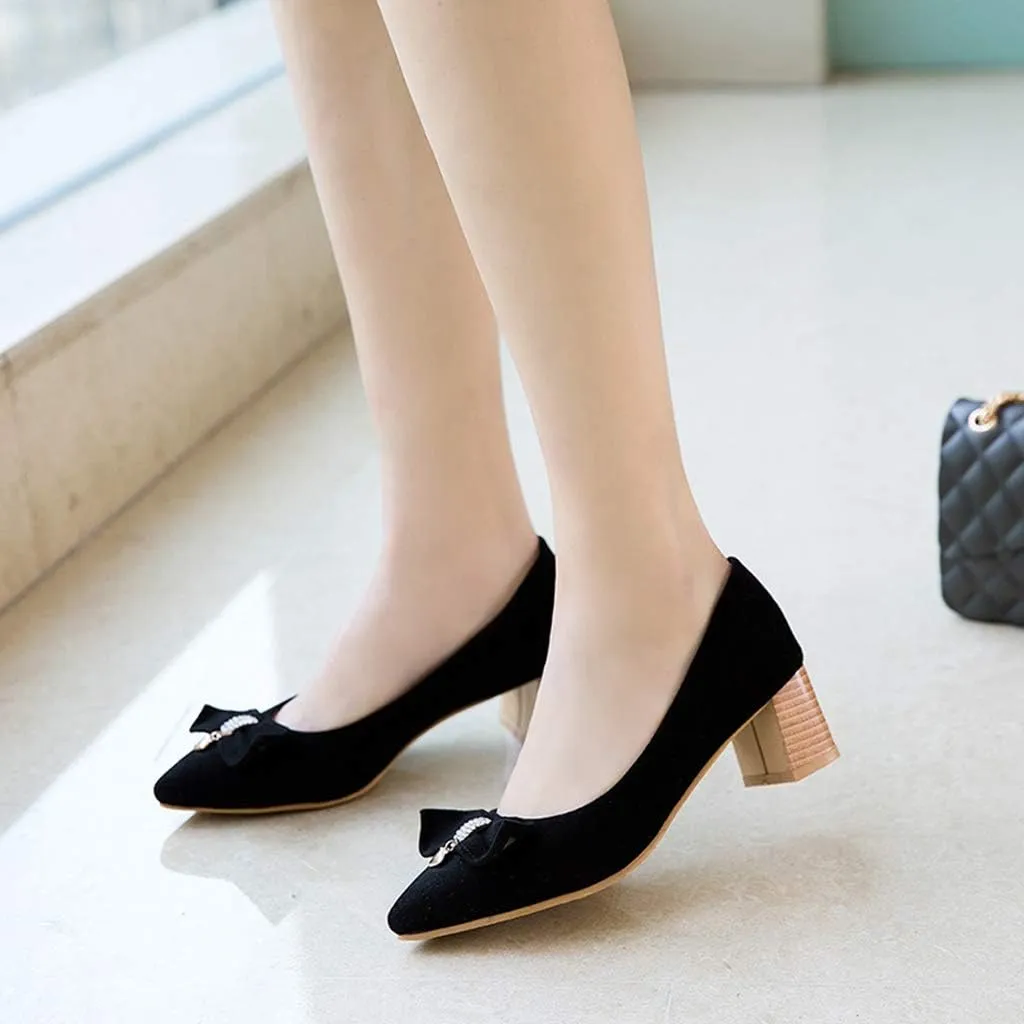 MIOKE Women's Pointed Toe Chunky Block Mid Heel Pumps Suede Bowknot Slip-On Loafer Casual Office Dress Shoes