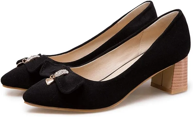 MIOKE Women's Pointed Toe Chunky Block Mid Heel Pumps Suede Bowknot Slip-On Loafer Casual Office Dress Shoes