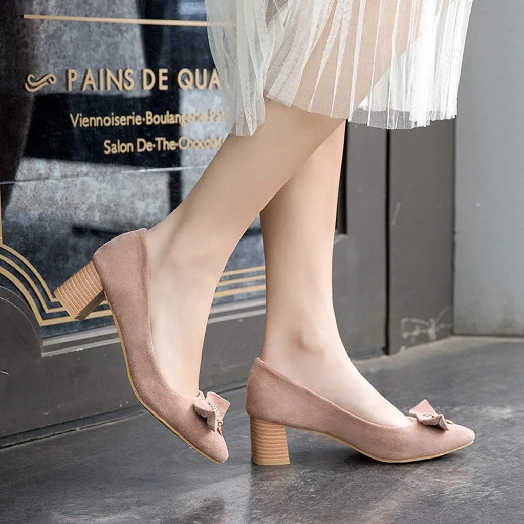 MIOKE Women's Pointed Toe Chunky Block Mid Heel Pumps Suede Bowknot Slip-On Loafer Casual Office Dress Shoes