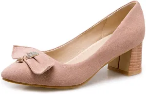 MIOKE Women's Pointed Toe Chunky Block Mid Heel Pumps Suede Bowknot Slip-On Loafer Casual Office Dress Shoes