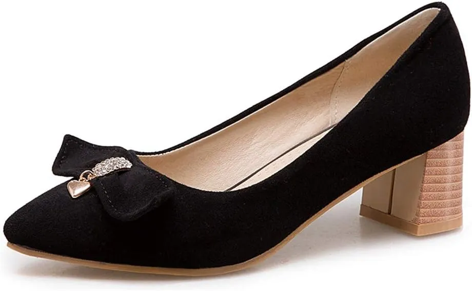 MIOKE Women's Pointed Toe Chunky Block Mid Heel Pumps Suede Bowknot Slip-On Loafer Casual Office Dress Shoes
