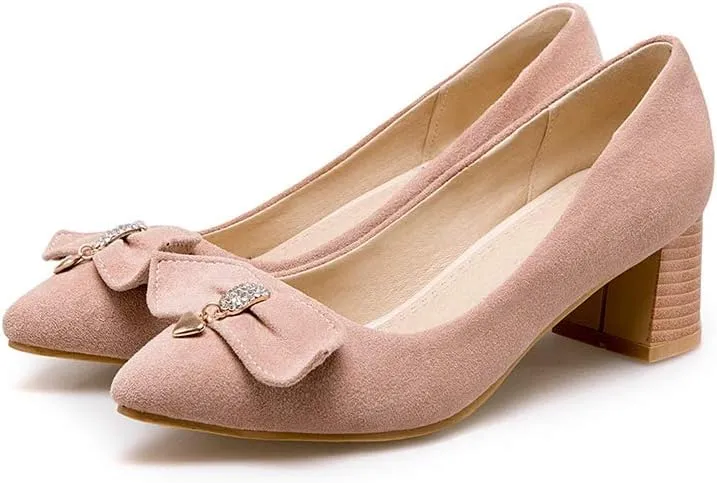 MIOKE Women's Pointed Toe Chunky Block Mid Heel Pumps Suede Bowknot Slip-On Loafer Casual Office Dress Shoes