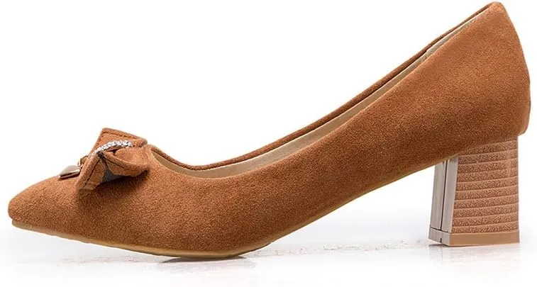 MIOKE Women's Pointed Toe Chunky Block Mid Heel Pumps Suede Bowknot Slip-On Loafer Casual Office Dress Shoes