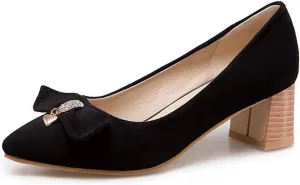 MIOKE Women's Pointed Toe Chunky Block Mid Heel Pumps Suede Bowknot Slip-On Loafer Casual Office Dress Shoes
