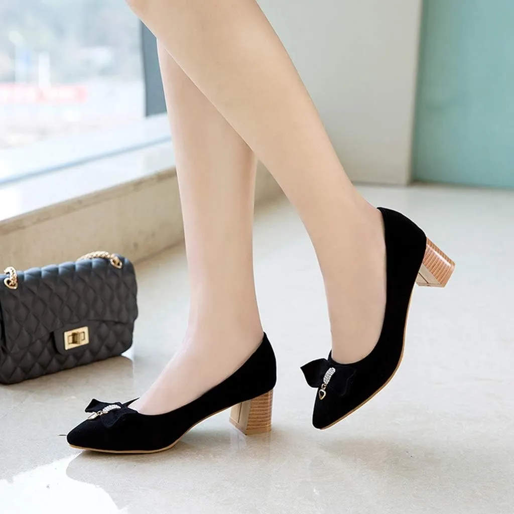 MIOKE Women's Pointed Toe Chunky Block Mid Heel Pumps Suede Bowknot Slip-On Loafer Casual Office Dress Shoes