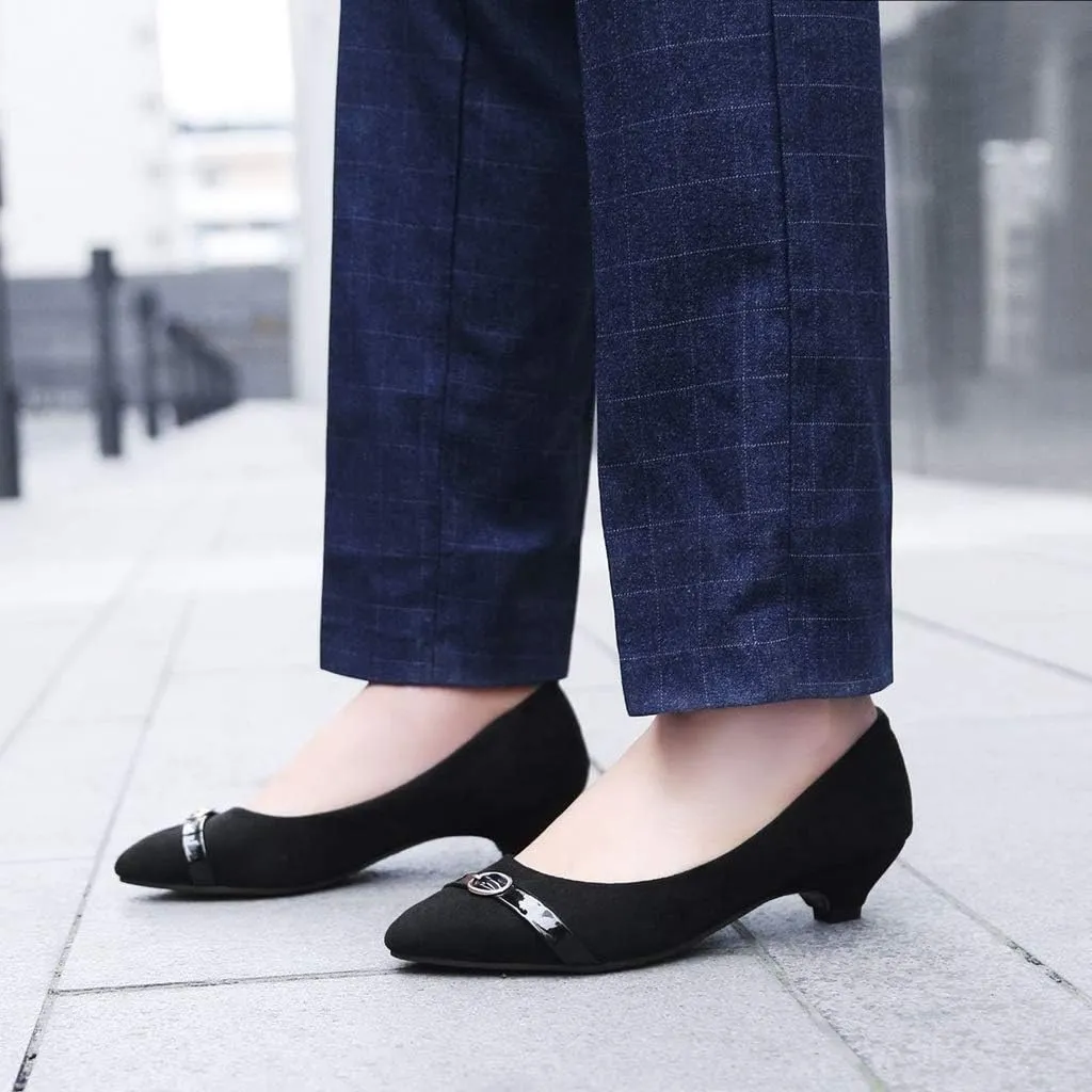 MIOKE Women's Pointed Toe Comfy Low Kitten Heel Pumps Suede Buckle Slip On Loafer Casual Office Dress Shoes