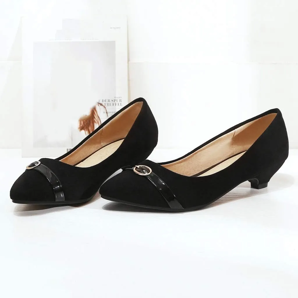 MIOKE Women's Pointed Toe Comfy Low Kitten Heel Pumps Suede Buckle Slip On Loafer Casual Office Dress Shoes