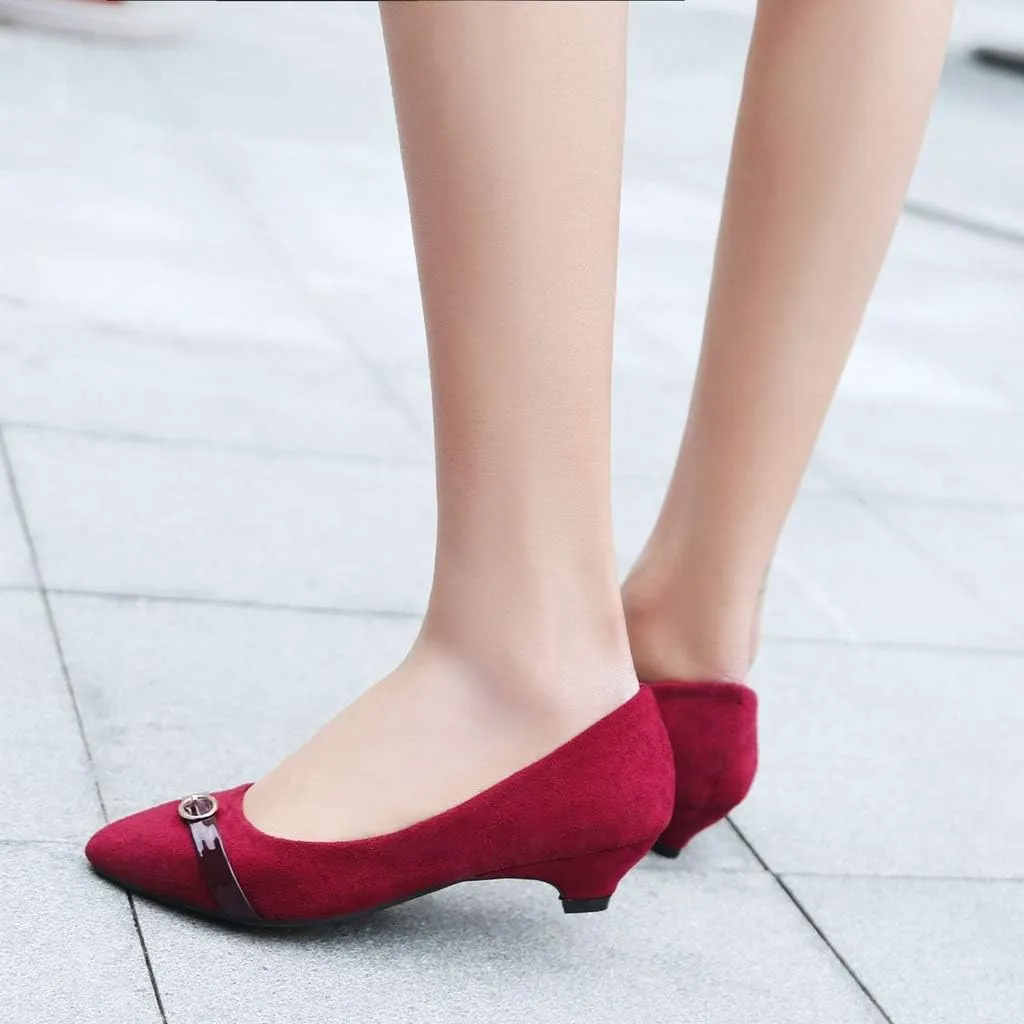 MIOKE Women's Pointed Toe Comfy Low Kitten Heel Pumps Suede Buckle Slip On Loafer Casual Office Dress Shoes
