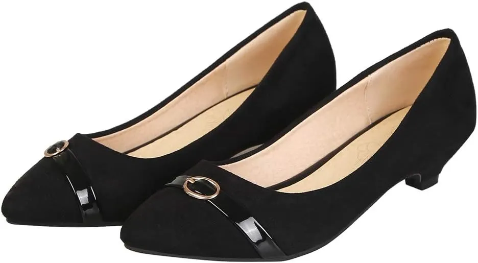 MIOKE Women's Pointed Toe Comfy Low Kitten Heel Pumps Suede Buckle Slip On Loafer Casual Office Dress Shoes