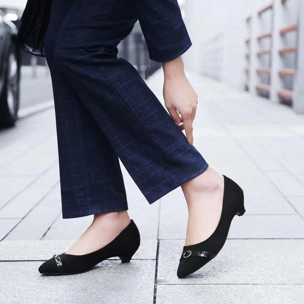 MIOKE Women's Pointed Toe Comfy Low Kitten Heel Pumps Suede Buckle Slip On Loafer Casual Office Dress Shoes
