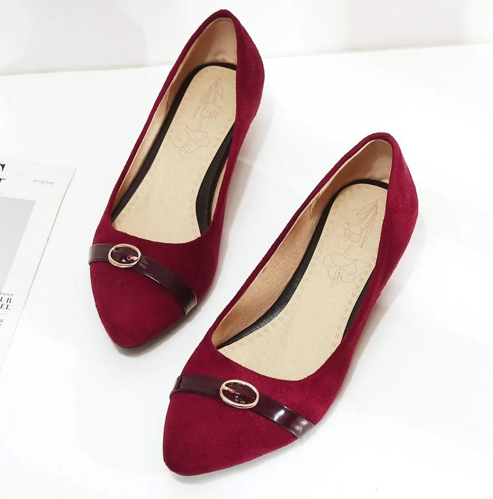 MIOKE Women's Pointed Toe Comfy Low Kitten Heel Pumps Suede Buckle Slip On Loafer Casual Office Dress Shoes