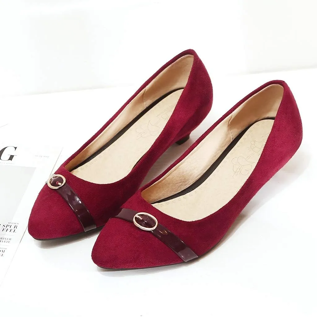 MIOKE Women's Pointed Toe Comfy Low Kitten Heel Pumps Suede Buckle Slip On Loafer Casual Office Dress Shoes