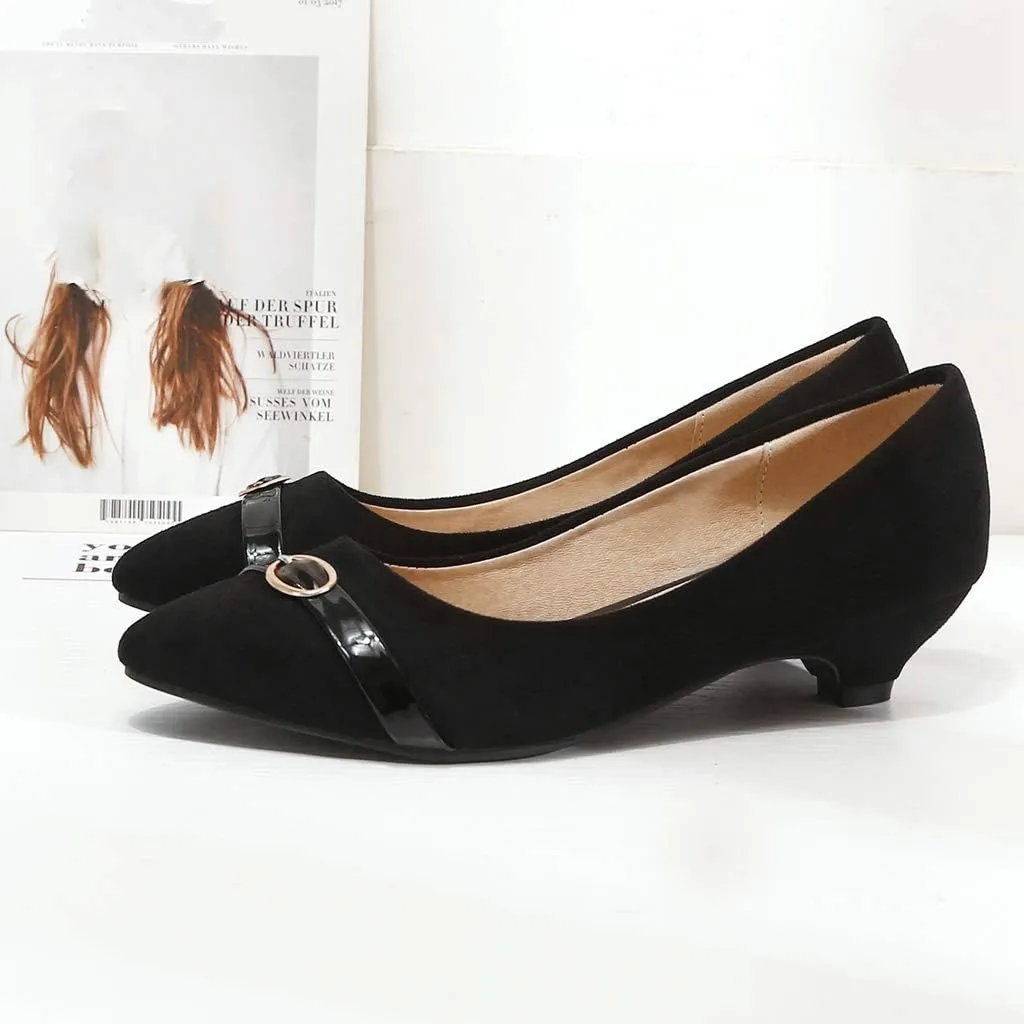 MIOKE Women's Pointed Toe Comfy Low Kitten Heel Pumps Suede Buckle Slip On Loafer Casual Office Dress Shoes