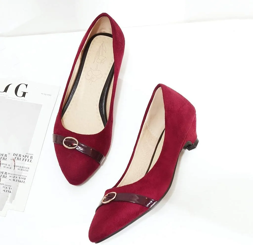 MIOKE Women's Pointed Toe Comfy Low Kitten Heel Pumps Suede Buckle Slip On Loafer Casual Office Dress Shoes