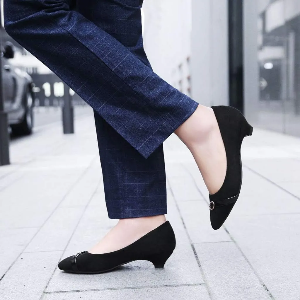 MIOKE Women's Pointed Toe Comfy Low Kitten Heel Pumps Suede Buckle Slip On Loafer Casual Office Dress Shoes