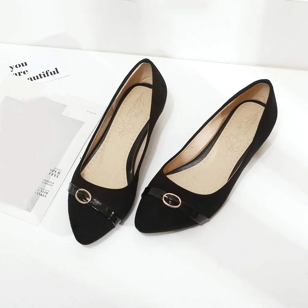 MIOKE Women's Pointed Toe Comfy Low Kitten Heel Pumps Suede Buckle Slip On Loafer Casual Office Dress Shoes