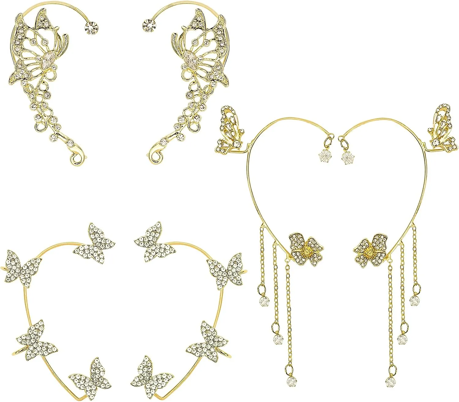 NEWITIN 3 Pairs Rhinestone Butterfly Ear Cuff for Women Gold Butterfly Ear Clip Cartilage Cuff Earring Non-piercing Adjustable Earrings Wrap Around Earrings for Women