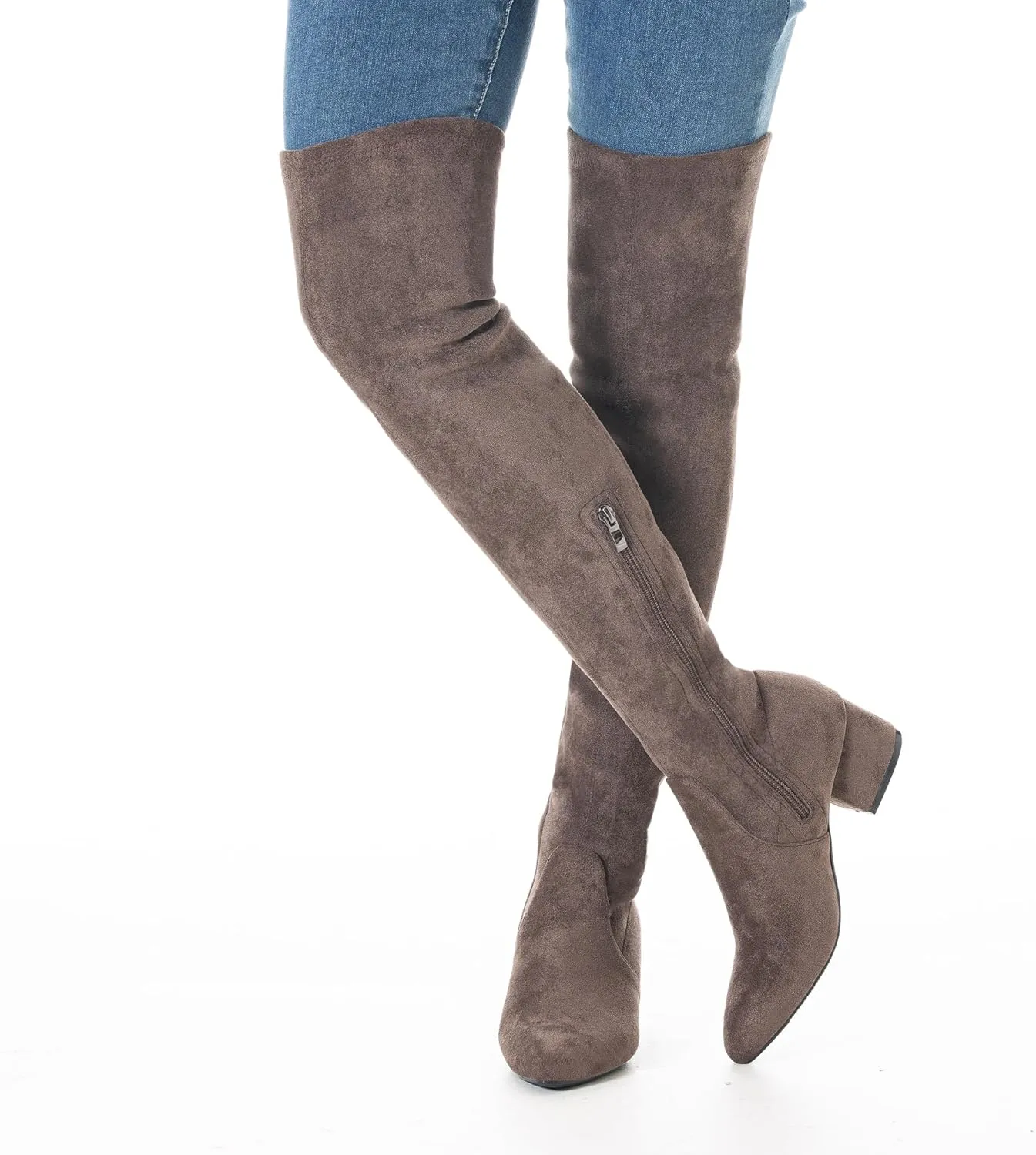 N.N.G Women Over the Knee Boots Low Heel Winter Block Suede Thigh High Chunky OTK Long Comfort