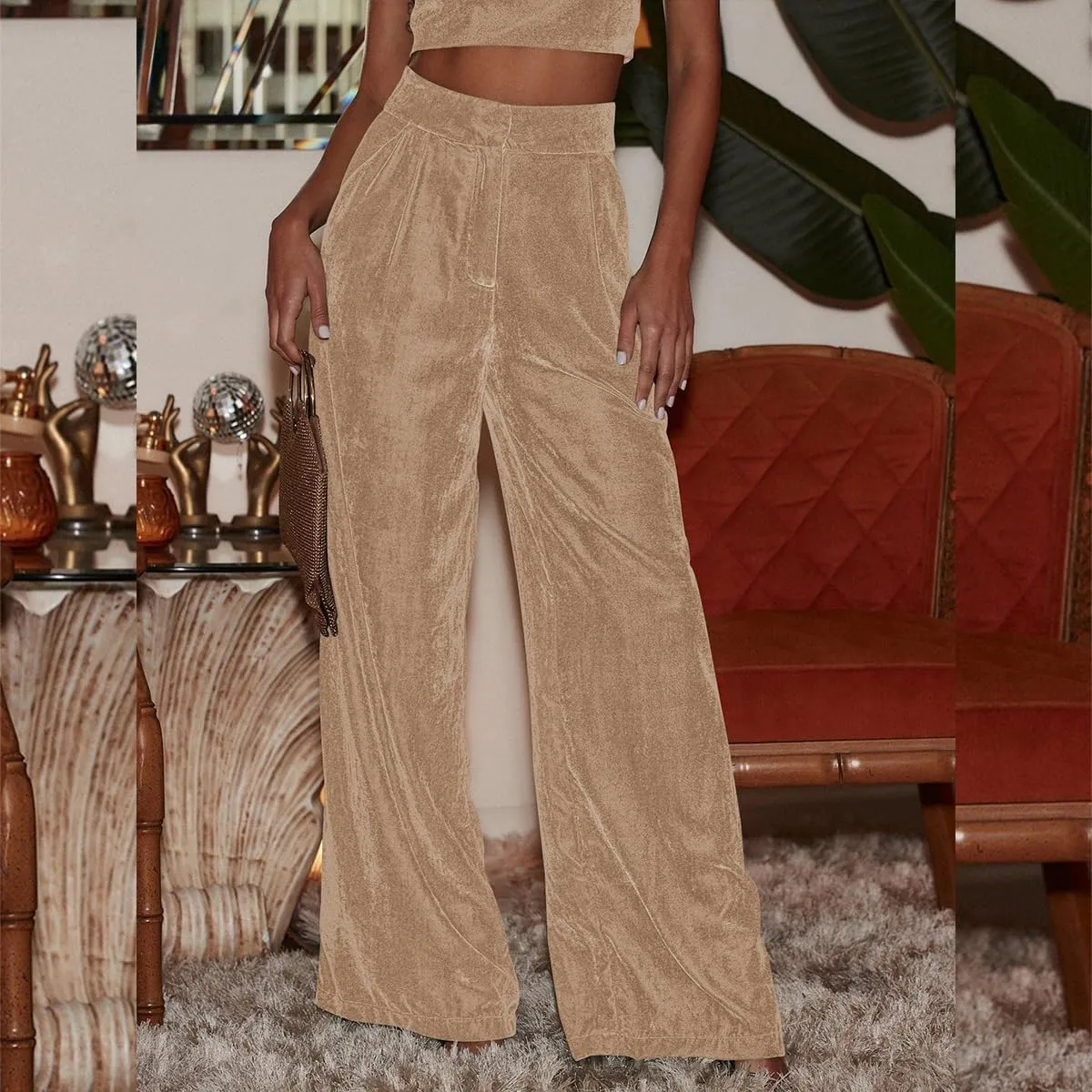 OBEEII Velvet Wide Leg Pants for Women High Waisted Pants Flowy Velvet Pants Casual Fall Winter Trousers with Pockets