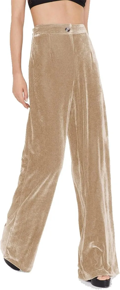 OBEEII Velvet Wide Leg Pants for Women High Waisted Pants Flowy Velvet Pants Casual Fall Winter Trousers with Pockets