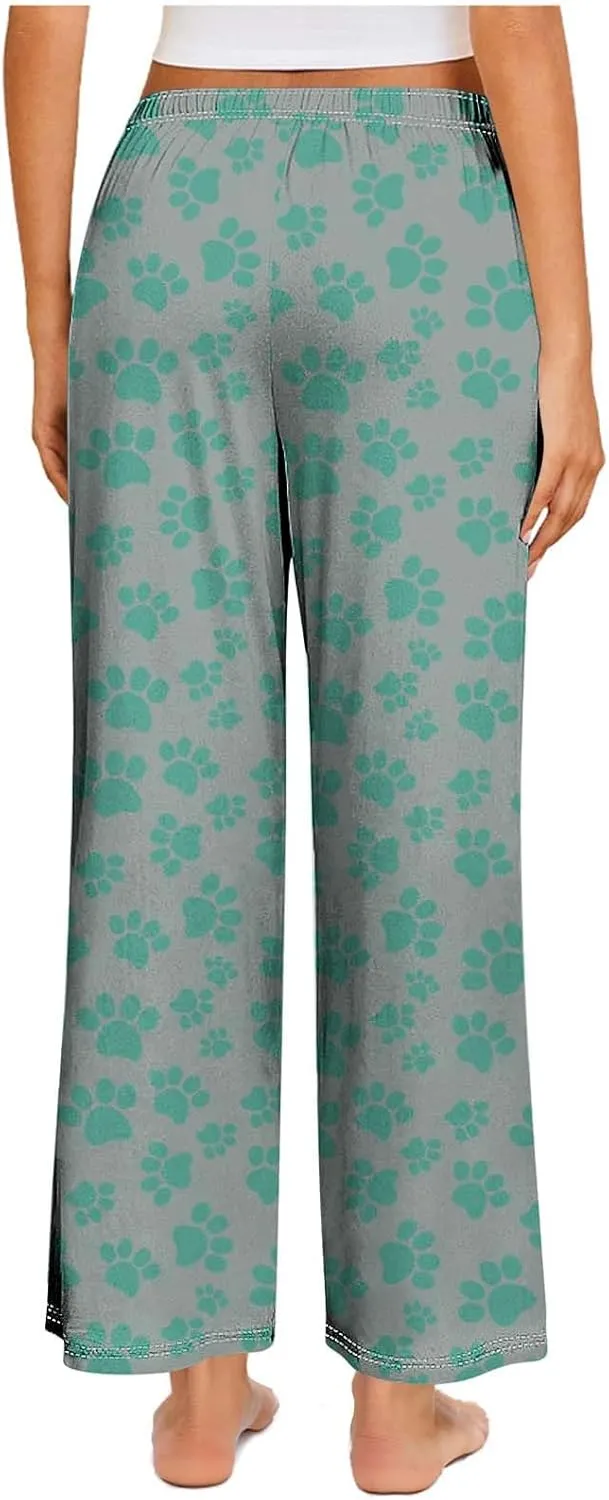 Pajamas Pants for Women's Funny Dog Paw Print High Waist Wide Leg Sweatpant Pj's Trouser with Pockets & Drawstring