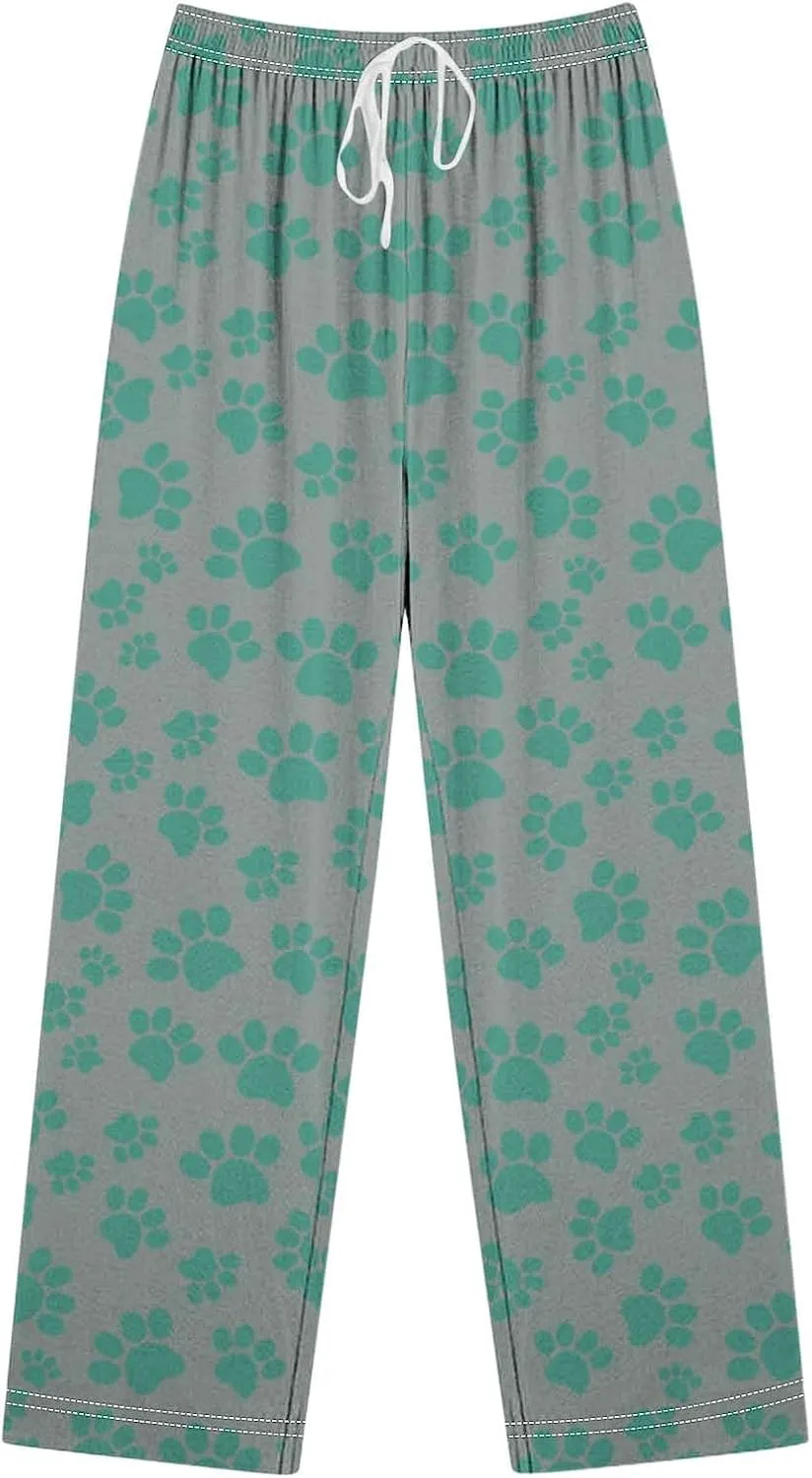 Pajamas Pants for Women's Funny Dog Paw Print High Waist Wide Leg Sweatpant Pj's Trouser with Pockets & Drawstring