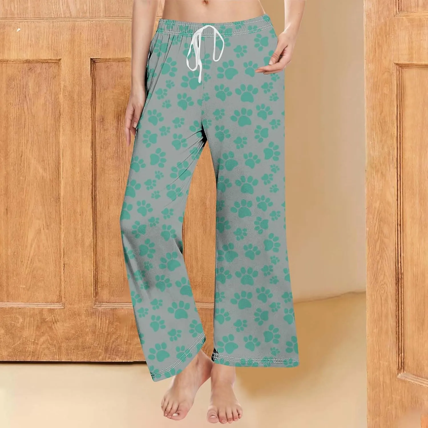 Pajamas Pants for Women's Funny Dog Paw Print High Waist Wide Leg Sweatpant Pj's Trouser with Pockets & Drawstring