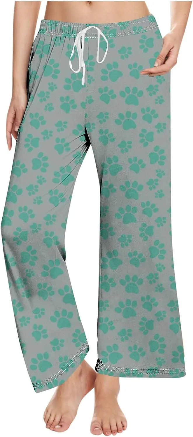 Pajamas Pants for Women's Funny Dog Paw Print High Waist Wide Leg Sweatpant Pj's Trouser with Pockets & Drawstring